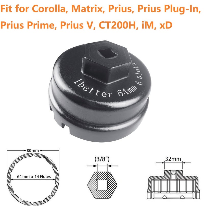 Ibetter 64mm 14 Flute 6 Slots Oil Filter Wrench Tool for Toyota Corolla  Prius  Prius Prime  Prius V  Matrix  CT200h  Scion iM/iQ/xD with 1.8 Liter Engines  Cup Style Oil Filter Cap Removal Socket - Image 3
